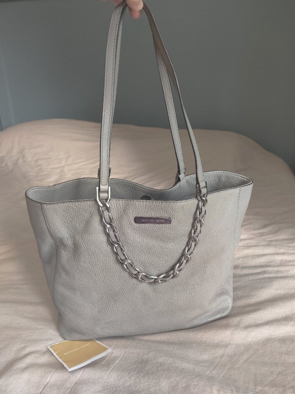 Michael Kors Pebbled Leather Light Gray shoulder tote with silver chain